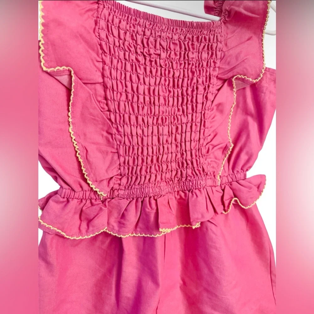 Vince Camuto Girls Pink Ruffle Romper‎ Size 8 Yellow Trim NWT Cute Summer
